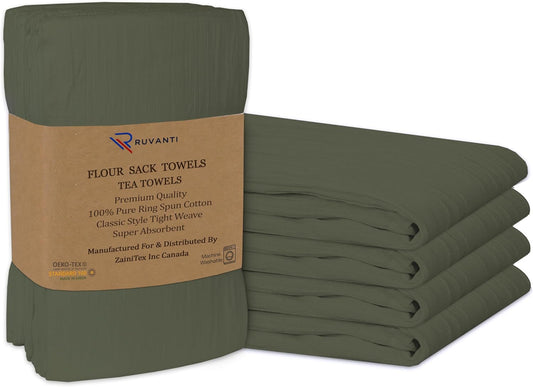 RUVANTI Flour Sack Towels 4 Pack 28x28 Inch, 100% Cotton Tea Towel, Reusable, Machine Washable, Absorbent BarTowels - Dish Cloth Perfect for Drying Dishes & Cleaning - Martini Olive