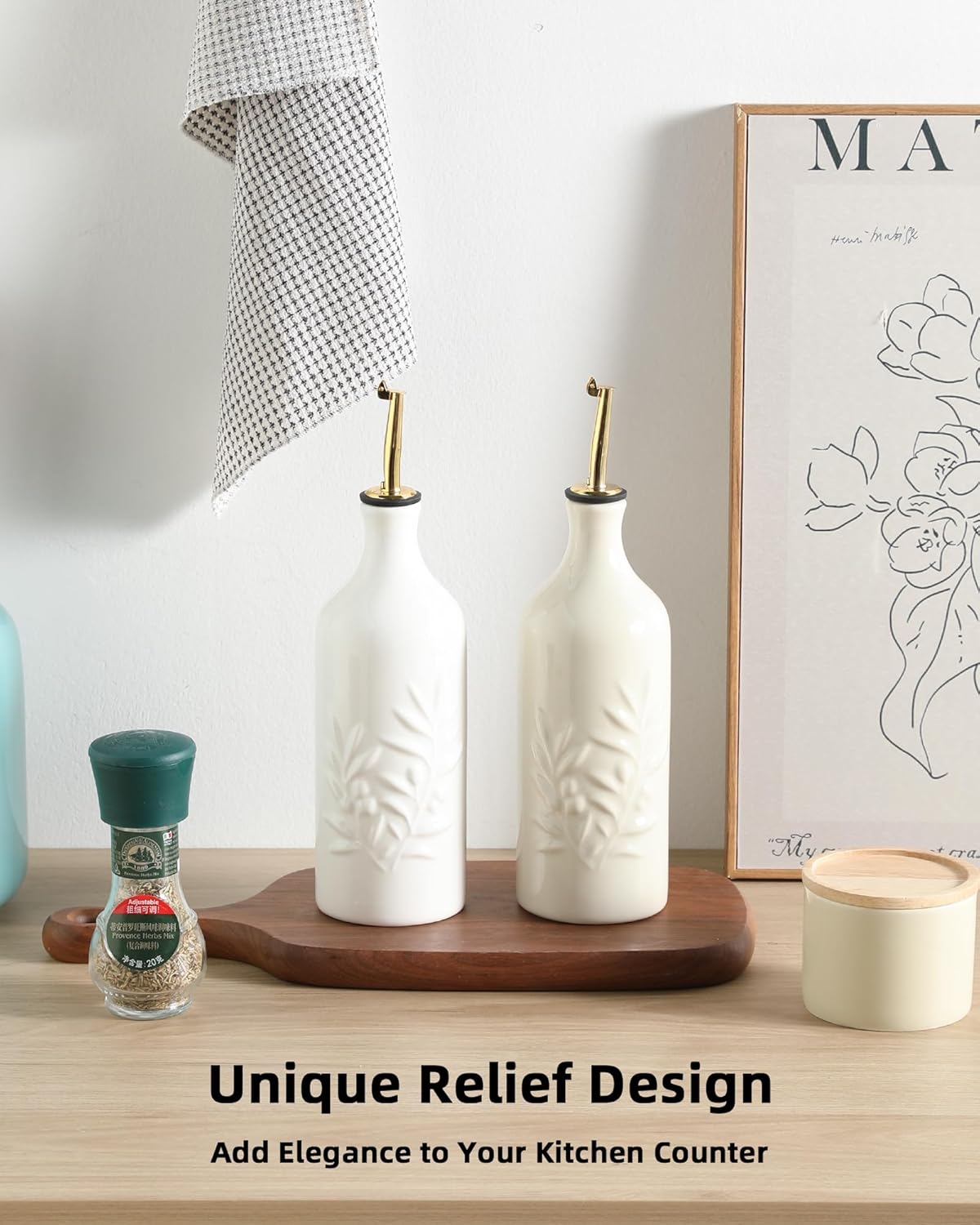 Sweejar Ceramic Olive Oil Dispenser Bottle 20 Oz Relief Opaque Oil Cruet Protects To Reduce Oxidation Suitable for Storage Vinegar, Soy Sauce, Coffee Syrup, Liquids, Set of 1 (White Gold Spout)