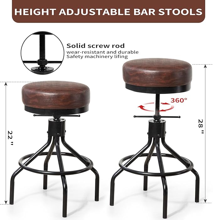 Counter Height Bar Stool Adjustable Swivel Round Barstools Modern PU Leather 28inch Backless Metal Industrial Stool Bar Chair for Kitchen Island (1, Walnut)