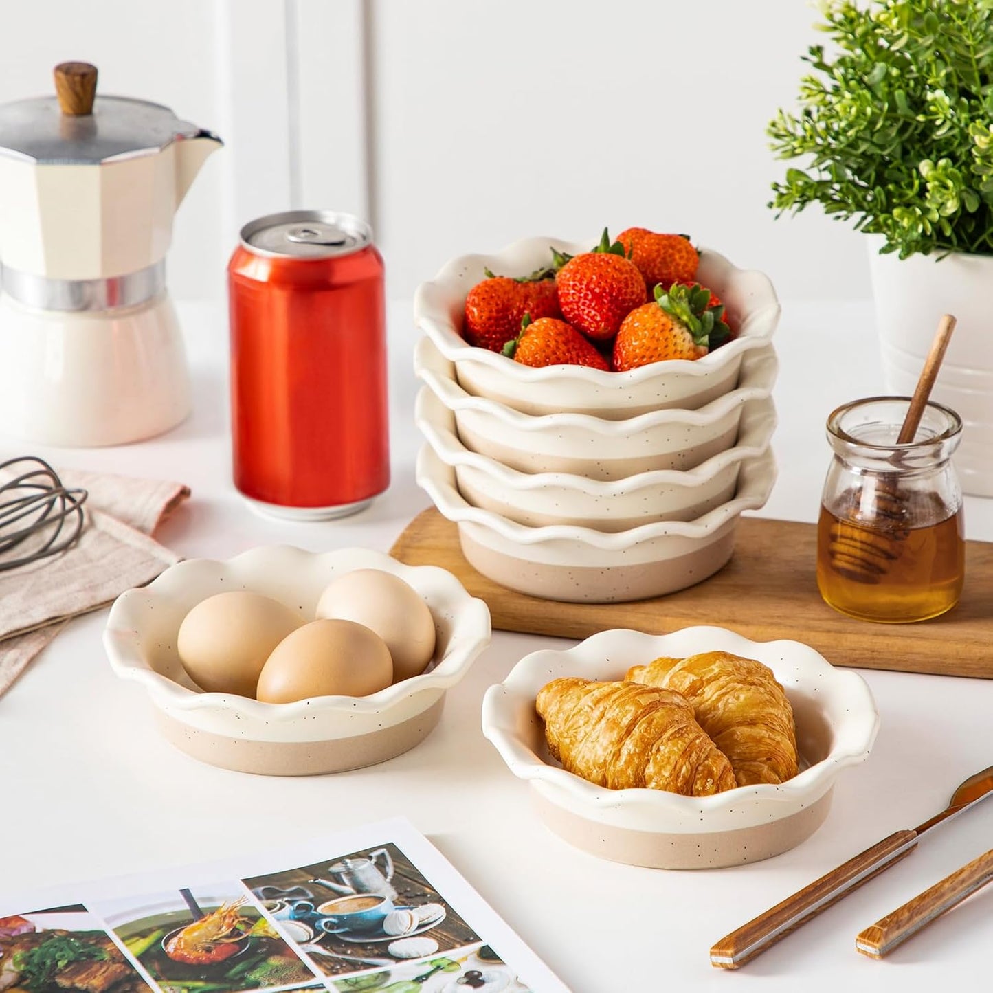 vancasso Mini Pie Pans Set of 6, 5.2 inch Ceramic Small Pie Plate for Baking, Shallow Ramekins Mini Pie Dish with Ruffled Edge for Chicken Pot Pie, Cake, Quiche, Tart, Cream Colored