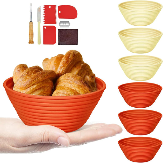Silicone Banneton, Sourdough Bread Baskets (Set of 6, 5 Inch), Round Proofing Bread Bowls with Starter Kit, Bread Making Baking Supplies