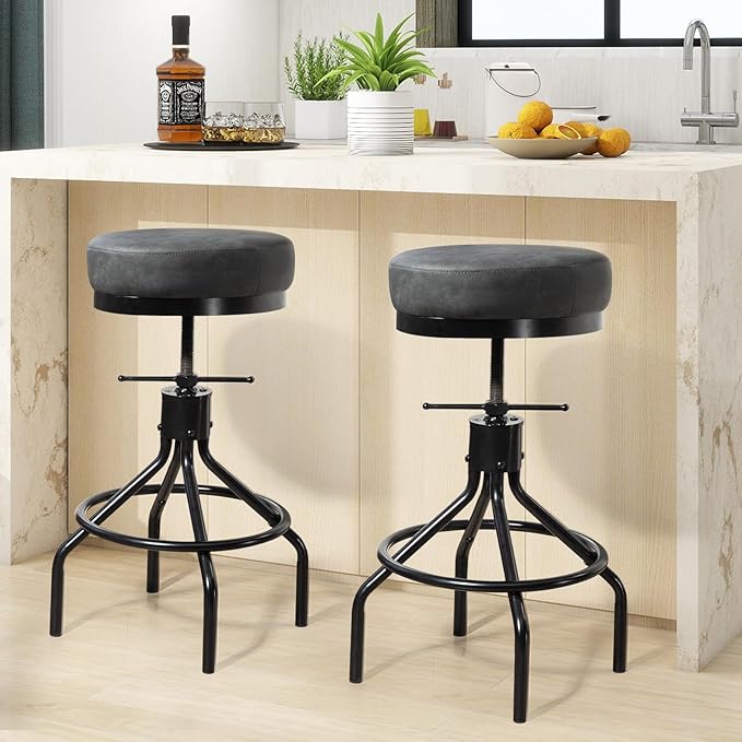 Swivel Bar Stools Adjustable Industrial Barstools Metal Modern PU Leather 28inch Round Backless Counter Height Stool Bar Chair for Kitchen Island (1, Grey)