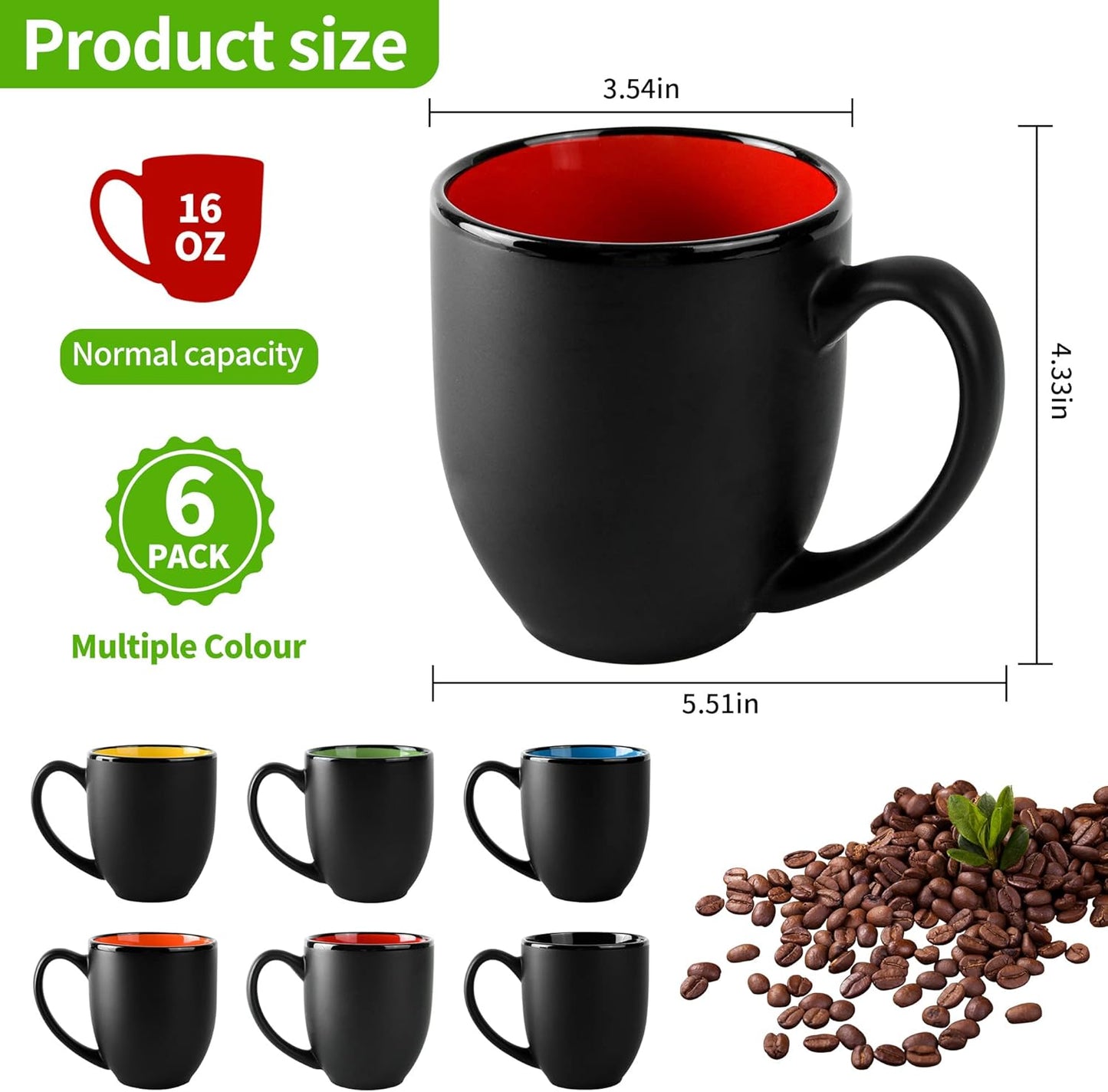 16oz ceramic Coffee Mug Sets with Large Handles Matte Black Porcelain Mug Multiple colors Cups for Coffee, Tea, Juice, Cocoa Set of 6 (16oz)
