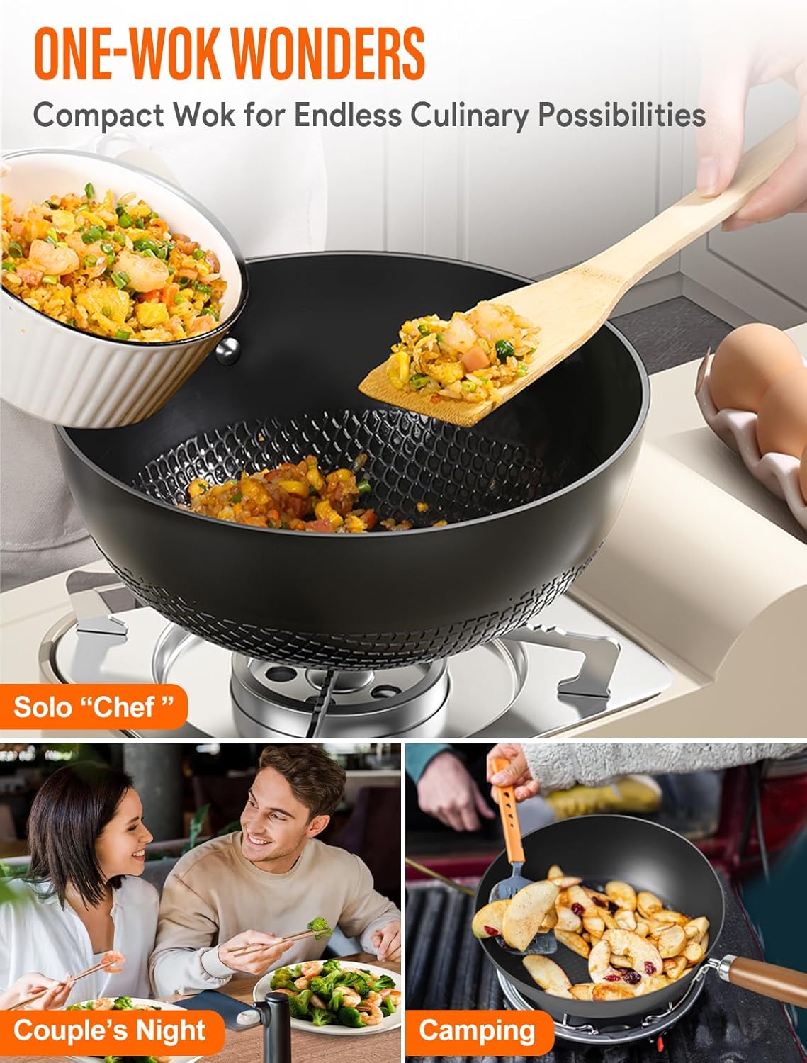 Carbon Steel Wok Pan, 9.5" Authentic Chinese Stir-Fry Pans Set with Glass Lid, 1.65lb Lightweight Flat Bottom Small Wok for 1-2 Servings