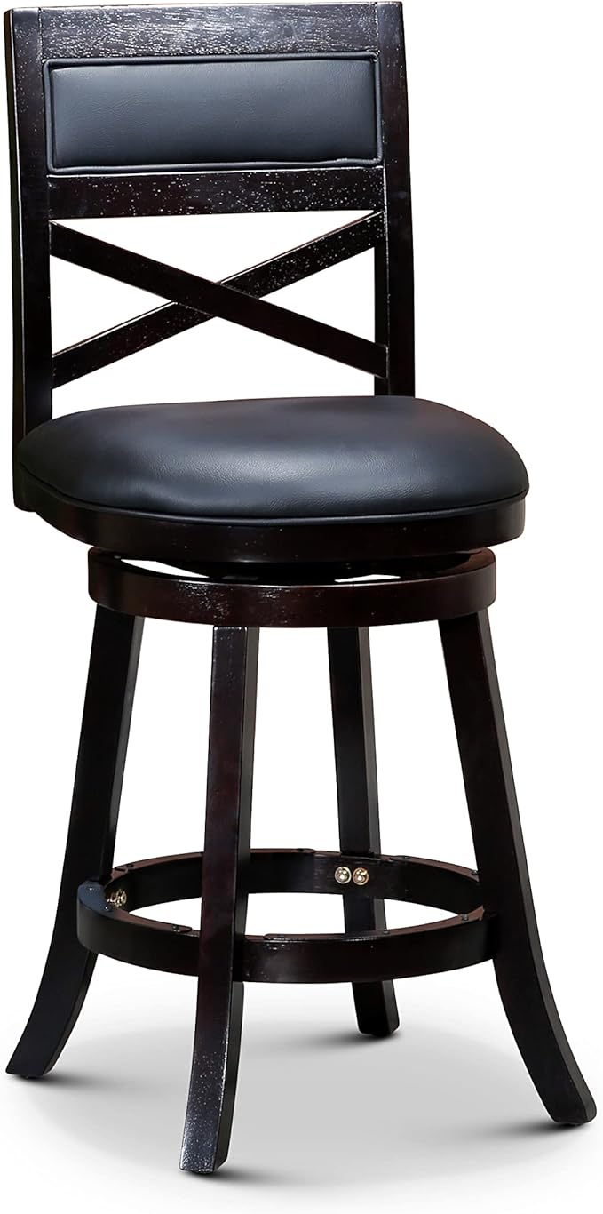 DTY Indoor Living Meeker 24 Inch Counter Height Bar Stools with Backs - Wooden Swivel Counter Stools for Kitchen Island - Black Leather Seat, Solid Wood Frame, Espresso Finish