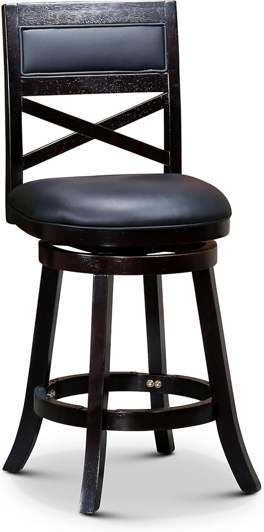 DTY Indoor Living Meeker 24 Inch Counter Height Bar Stools with Backs - Wooden Swivel Counter Stools for Kitchen Island - Black Leather Seat, Solid Wood Frame, Espresso Finish