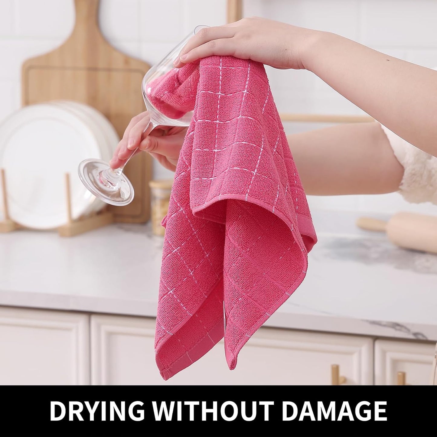 Homaxy 100% Cotton Terry Kitchen Towels(Rose Red, 13 x 28 inches), Checkered Designed, Soft and Super Absorbent Dish Towels, 8 Pack