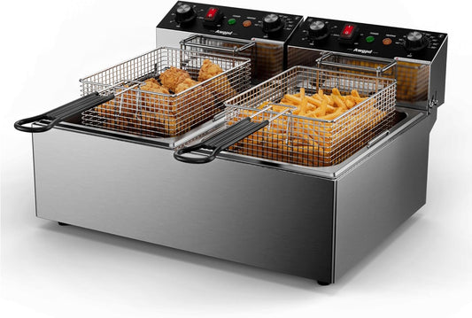 Deep fryers Commercial Deep Fryer 3400W Stainless Steel Electric Deep Fryers with Timer 20L(21.1Qt) Large Capacity Dual Tank Fryer with Baskets and Lids Countertop Deep Fryer for Restaurant Use (20L)