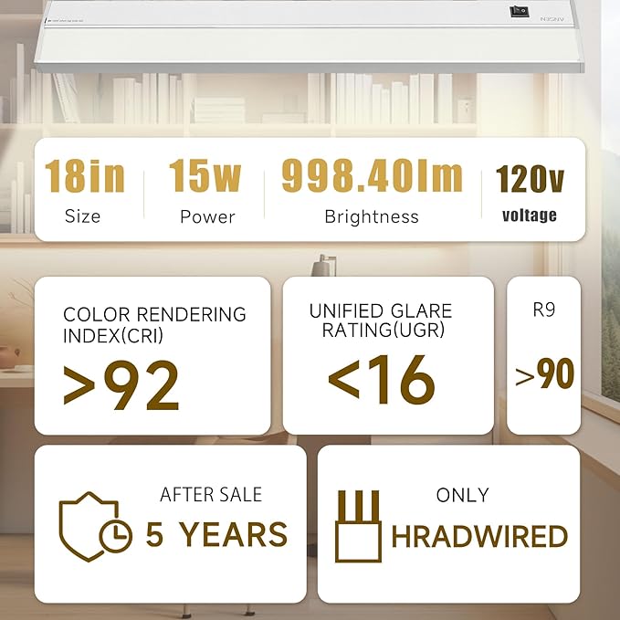 Ansen Hardwired Under Cabinet Lighting, 18inch 15W LED Light for Kitchen/Closet, 998.4lm, CRI>92, R9>90, Dimmable, 3 Color Temperature, 3000K/4000K/5000K(Warm White, Cool White, Daylight)
