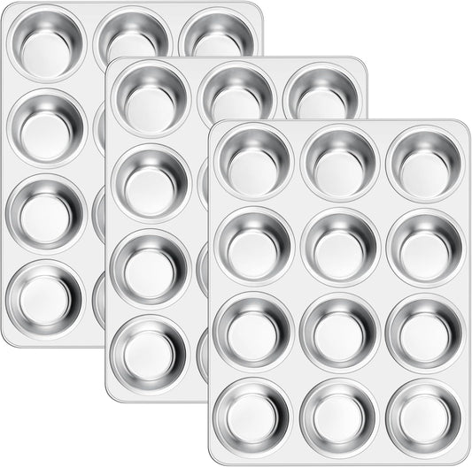 E-far 12-Cup Muffin Pan Set of 3, Stainless Steel Cupcake Pan Tins, Non-Toxic Metal Cupcake Tray for Baking Small Muffin Cakes, Heavy Duty & Regular Size, Rust Free & Dishwasher Safe