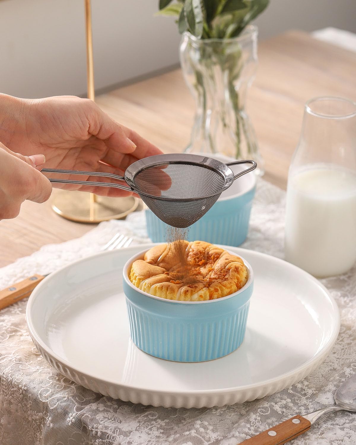 Hasense Ramekins Oven Safe, 8 oz Creme Brulee Ramekins Set of 2, Microwave & Dishwasher Safe Souffle Baking Cups for Pudding, Ice Cream, Custard, Dessert Bowls Porcelain, Sky Blue