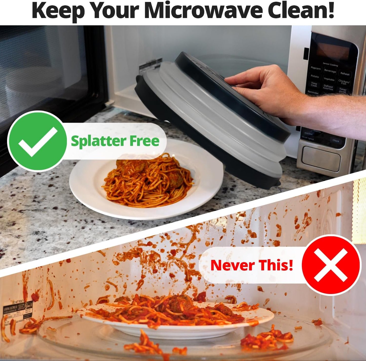 2.0 Magnetic Microwave Splatter Cover, Collapsible 12-Inch BPA-Free Food Lid with Upgraded Magnets, Vented Plate Guard, Dishwasher Safe, Space-Saving Magnetic Storage - Black
