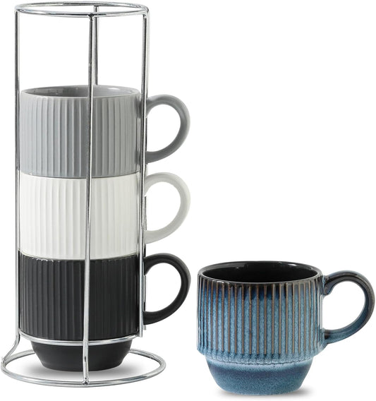 Hasense Ceramic Coffee Mug Set of 4 with Rack - 12 oz Stackable Coffee Cups Ceramic - Modern Ribbed Latte Cup Sets for Cappuccino, Tea, Hot Cocoa, Drinks - Wedding & Housewarming Gifts Multi Colors