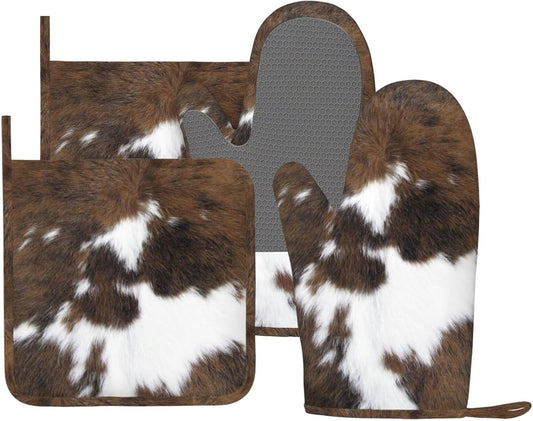 Cow Print Oven Mitts and Pot Holders Set of 4 Silicone Brown Cowhide Kitchen Mitten Gloves and Non-Slip Brown White Cow Print Potholders Set Heat Resistant Oven Gloves Hot Holders for BBQ