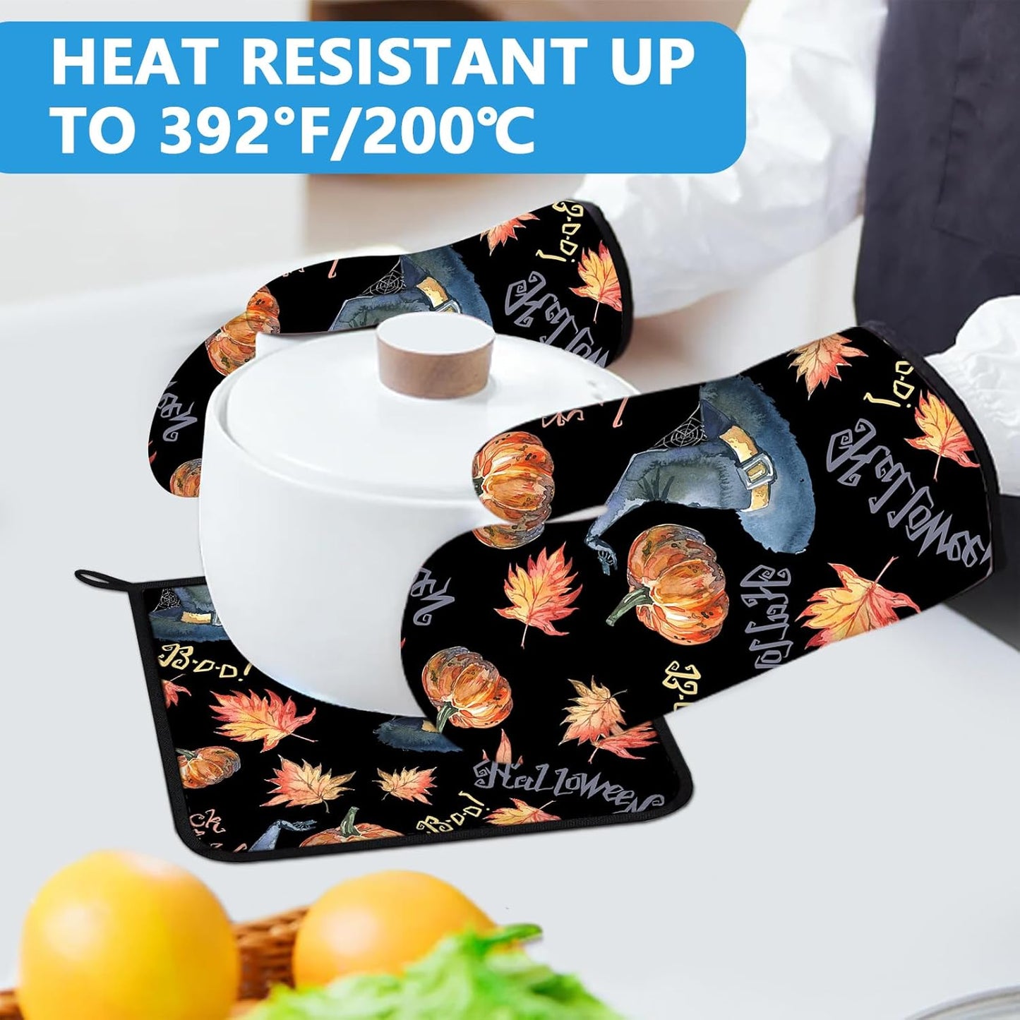 Halloween Pumpkin Autumn Maple Leave Oven Mitts and Pot Holders Sets Heat Resistant 4Pcs Potholders Oven Gloves Hot Pads for Kitchen Baking Cooking Grilling BBQ