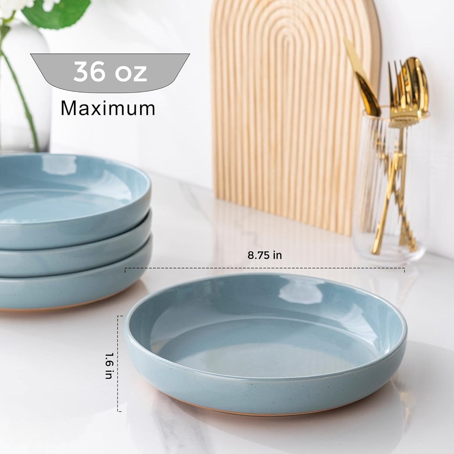 AmorArc 8.75'' Large Ceramic Pasta Bowls, 36oz Handpainted Stoneware Bowls Set of 4, Microwave&Dishwasher Safe Bowls with Rustic Terracotta Underside for Pasta Salad, Blue