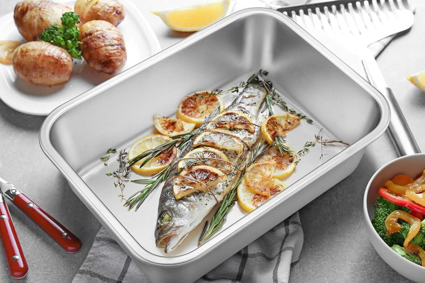 E-far Lasagna Pan Set of 2, Deep Stainless Steel Baking Pans, 12.75 x10 x3.2 Inches Rectangular Metal Roasting Baking Dish Bakeware for Oven, Non-Toxic & Heavy Duty, Dishwasher Safe