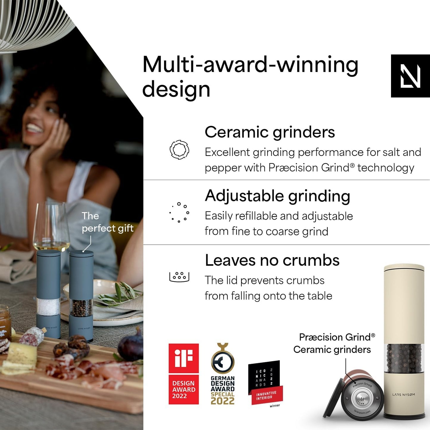 LARS NYSØM Salt and Pepper Grinder Set Manual, Stainless Steel Salt and Pepper Mills with Adjustable Ceramic Grinder I Design Spice Shakers (Red/Beige)