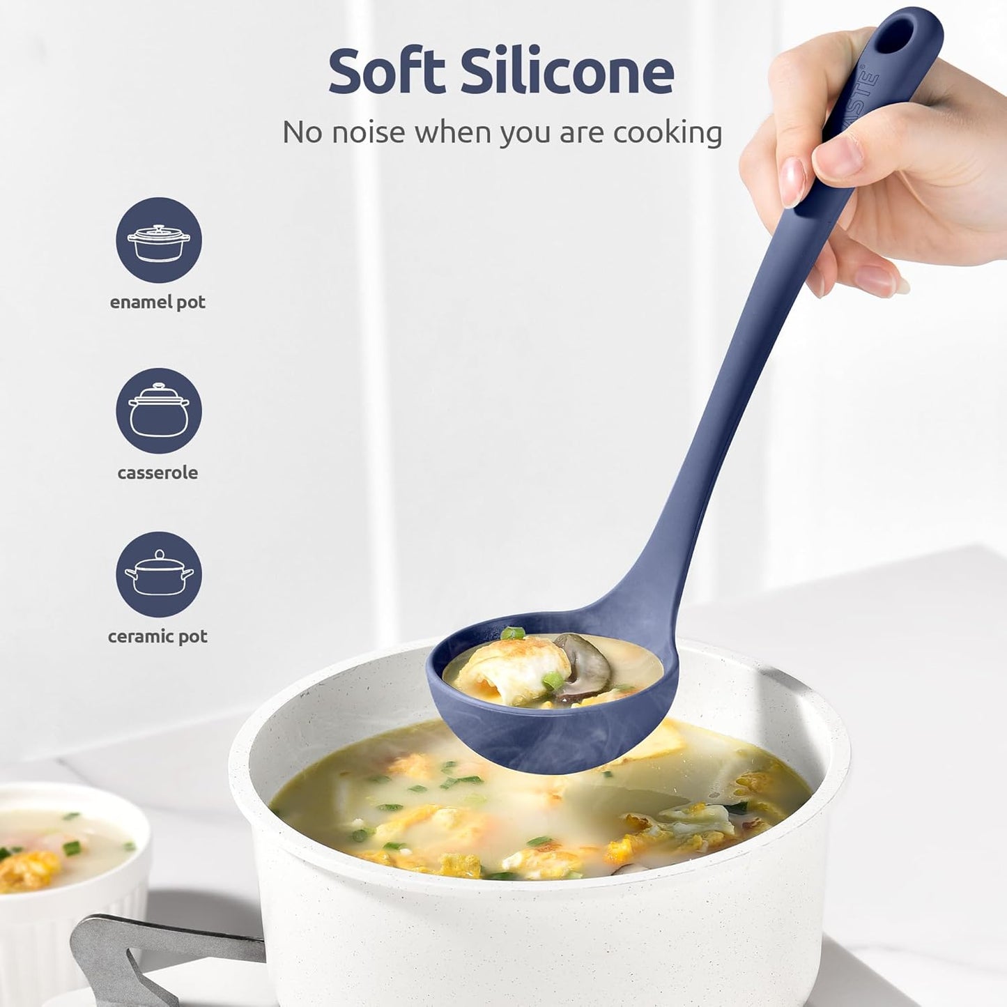 2.6oz Small Silicone Soup Ladle: U-Taste 600ºF Heat Resistant Non-Stick Kitchen Deep Serving Spoon, Soft Cooking Utensil with Non-Slip Solid Handle for Mixing Sauce Stew Gravy (11in, Midnight Blue)