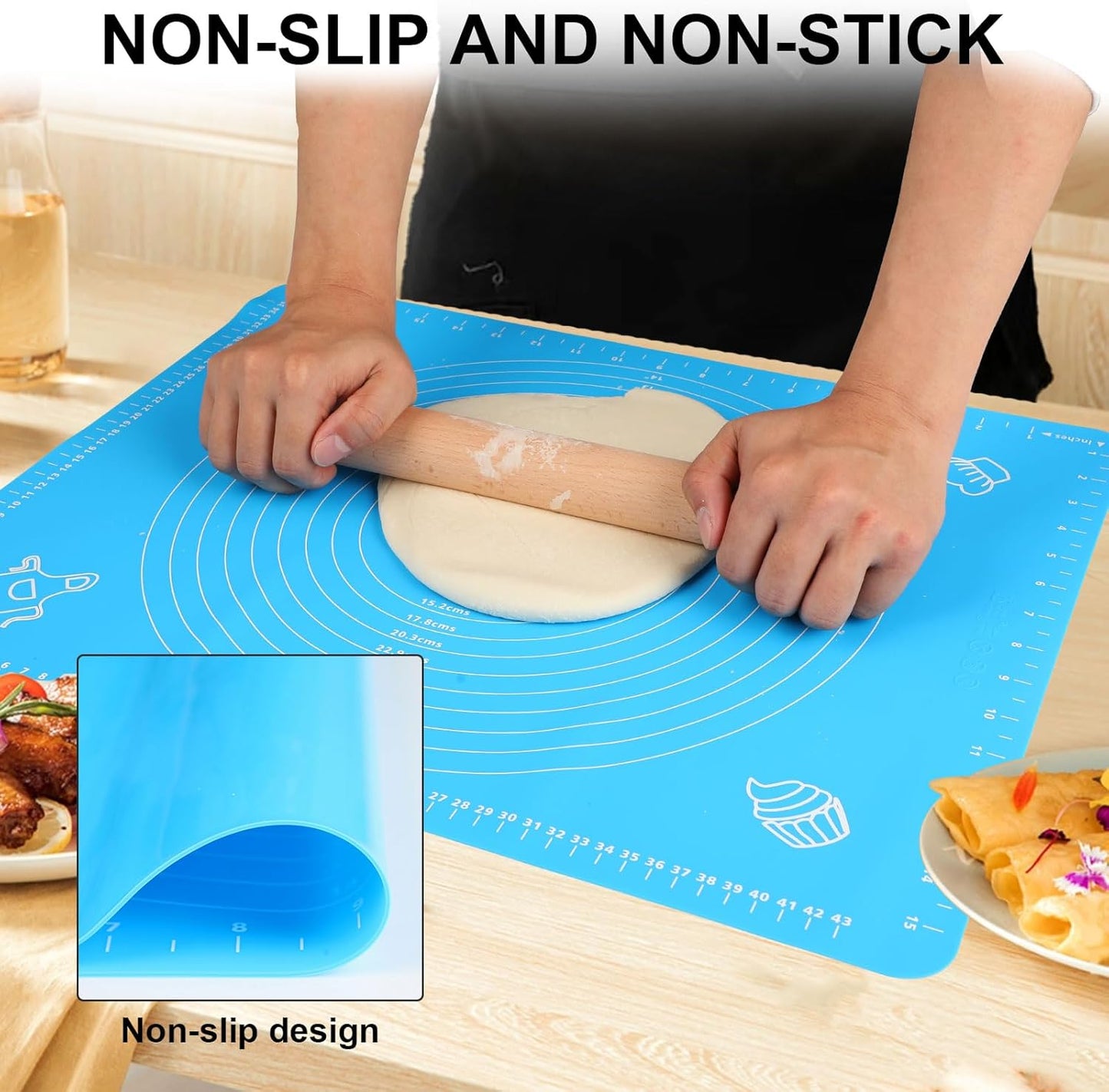 LIMNUO Silicone Baking Mat, Extra Thick Large Non Stick Pastry Mat Sheet for Dough Pie Crust Rolling Mats (Blue, M-16''(W)*20''(L))
