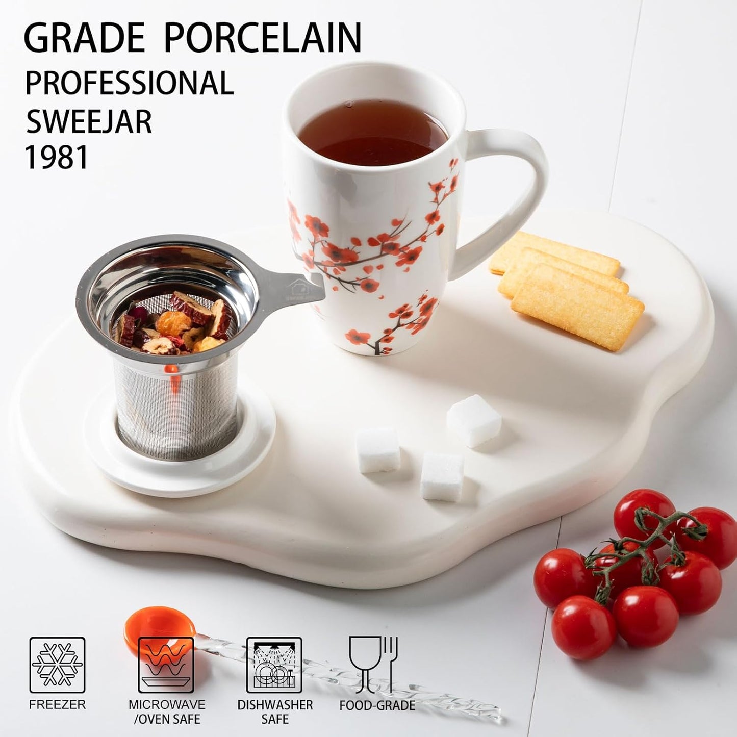 Sweejar Porcelain Tea Mug with Infuser and Lid,Teaware with Filter, Loose Leaf Tea Cup Steeper Maker, 16 Fl Oz for Tea/Coffee/Milk/Women/Office/Home/Gift (Plum Blossom)