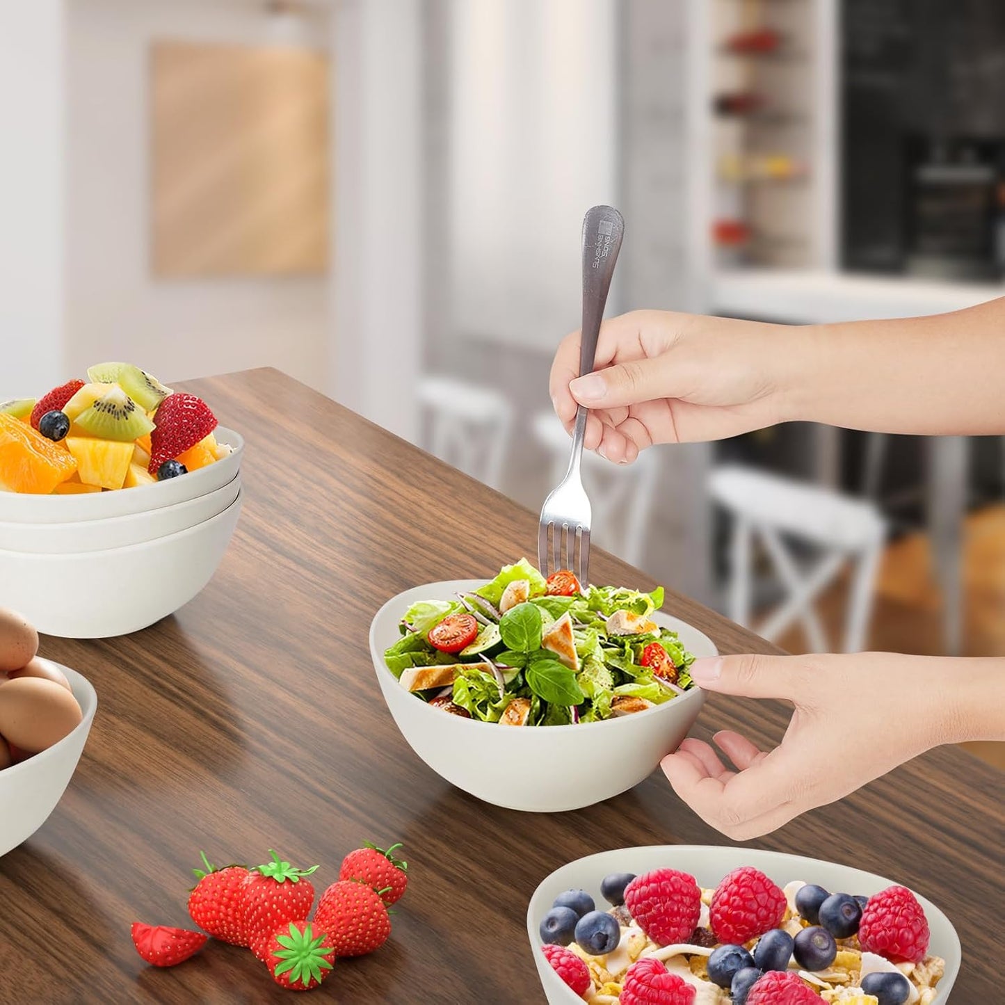 6.2'' Bamboo Fiber Cereal Bows Set of 6, Soup Bowls 24 Oz for Serving Salad, Snack, Side Dishes, Modern Oval Lightweight Bowls for Breakfast, Lunch and Dinner, Dishwasher and Freezer Safe(Matte White)