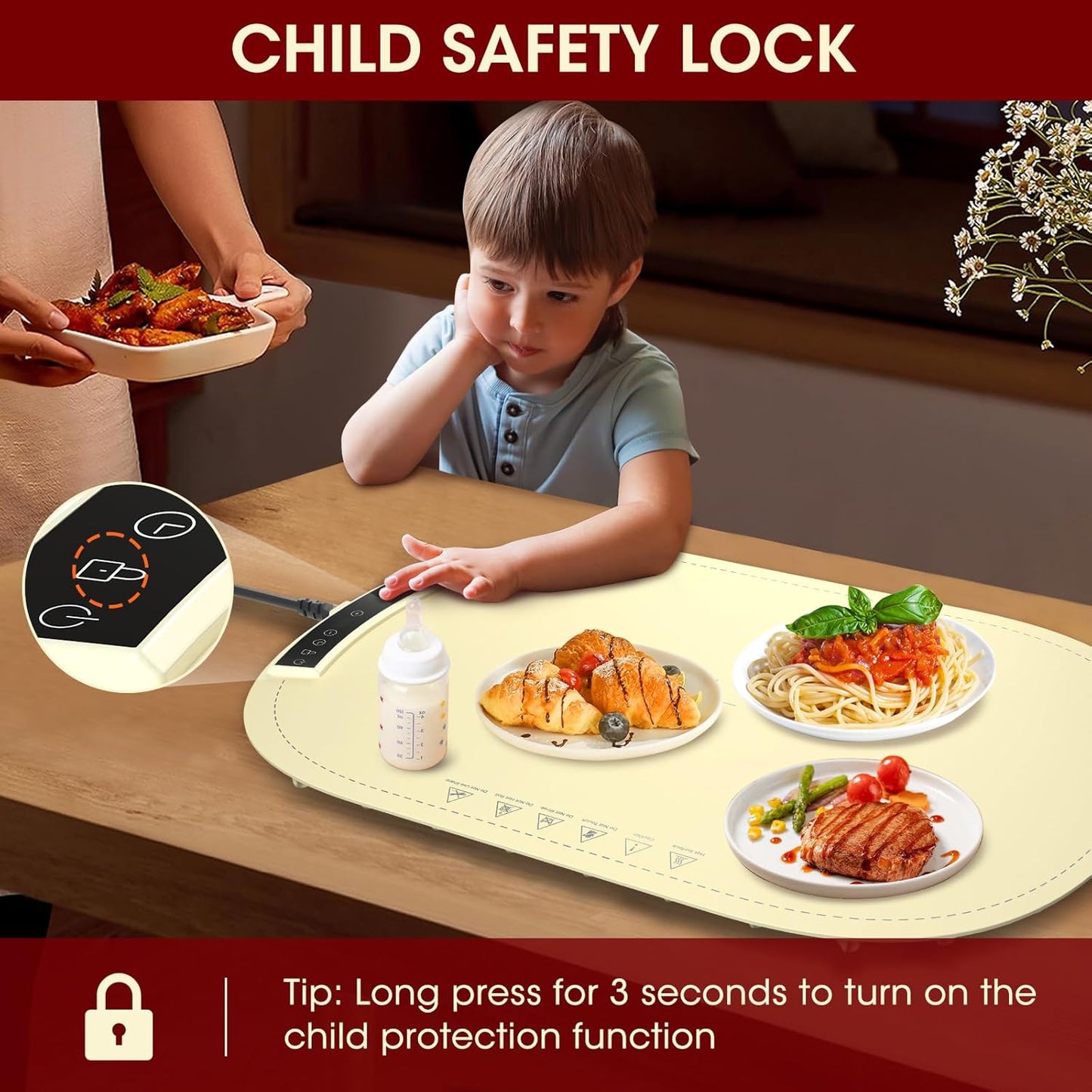 Warming Mat for Food, MQUPIN Food Warming Mat with 7 Temp Settings 1-4 H Timer and Child Safety Lock, Full Surface Heating Roll Up Electric Warming Tray for Gatherings,Parties,Buffet,Daily Use（Beige）