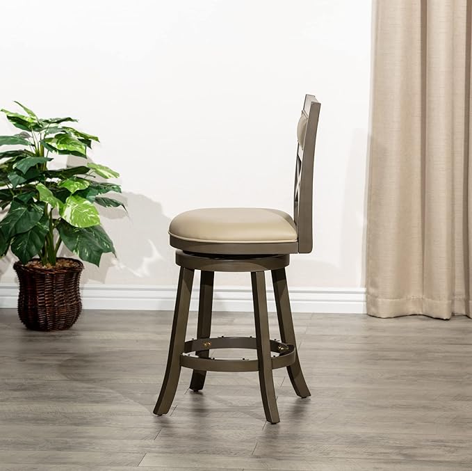 DTY Indoor Living Meeker 24 Inch Counter Height Bar Stools with Backs - Wooden Swivel Counter Stools for Kitchen Island - French Gray Leather Seat, Solid Wood Frame, Weathered Gray Finish