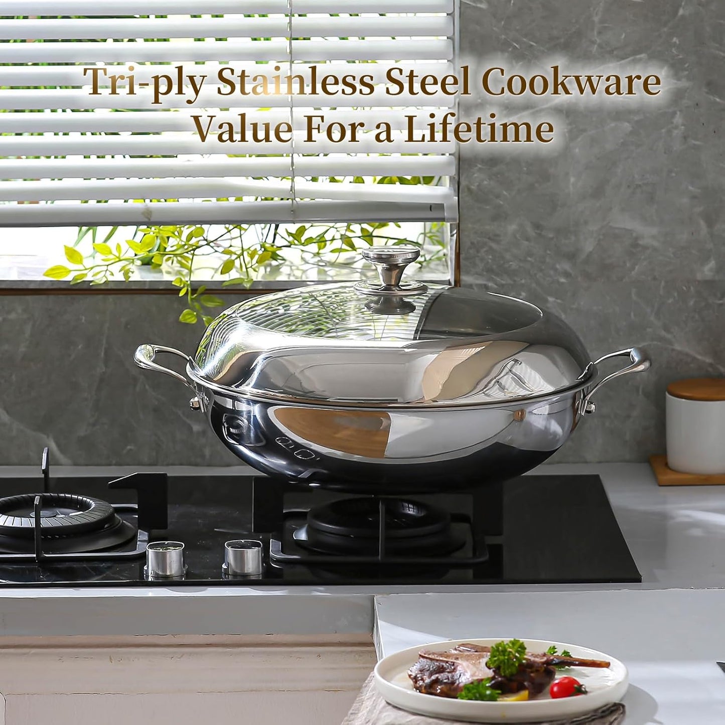 DELARLO Tri-Ply Stainless Steel Wok Pan With Lid 14 Inch Non stick,Woks & Stir-Fry Pans Nonstick 6QT Deep Frying Pan, Induction Saute Pan With Lid,Dishwasher and Oven Safe