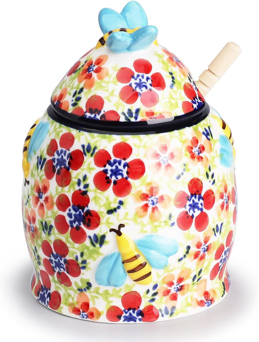 Silesia Handmade Honey Jar with Lid, 10 Ounce Ceramic Hand-Painted Honey Containers with Wooden Dipper, Honey Pot Set for Home and Kitchen in Gift Box, Oven, Dishwasher & Microwave Safe, Jungle Floral
