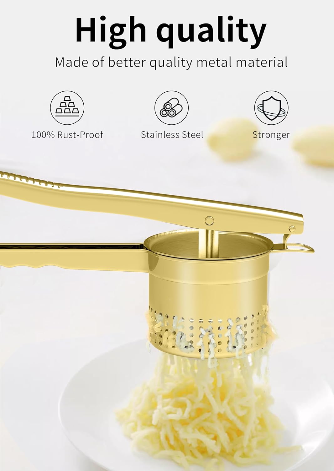 Large 15oz Potato Ricer Masher, Heavy Duty Stainless Steel Potato Masher with Ergonomic Handle, Masher and Ricer Kitchen Tool for Mashed Potatoes, Noodle Maker, Gold