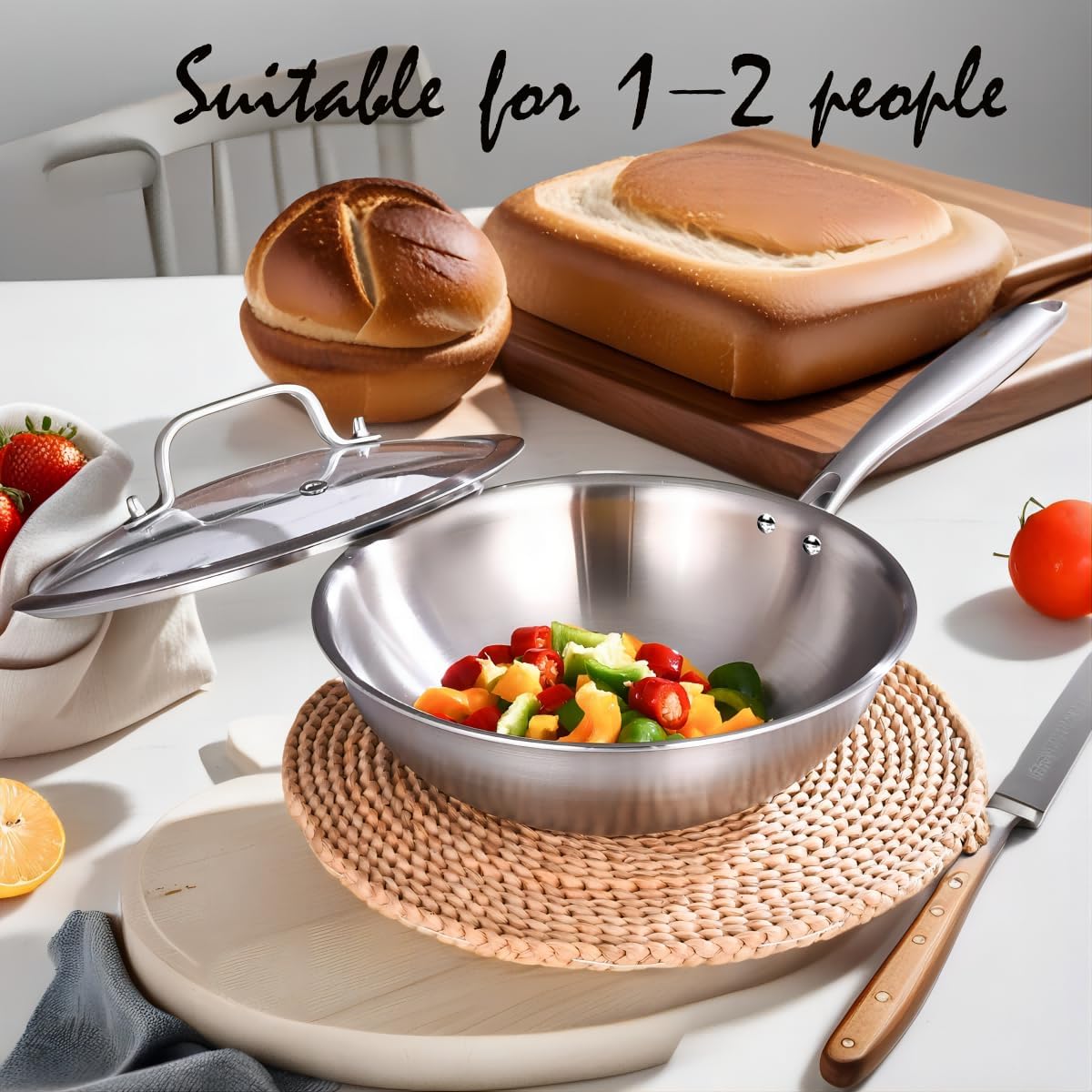 LOLYKITCH 10 Inch Tri-ply Stainless Steel Wok Pan with Lid,Dia.26 CM Stir-Frying Pan,Induction Cooking Pot,Heavy Duty,Dishwasher and Oven Safe,Riveted Handle.