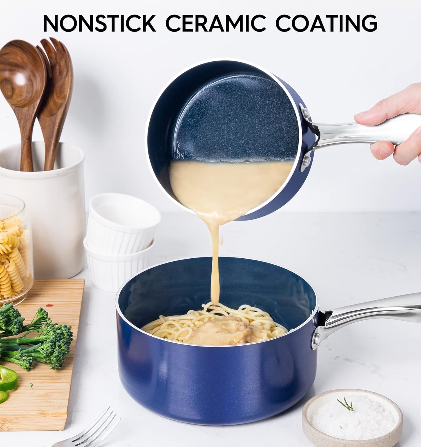 MICHELANGELO Sauce Pan with Lid, Ceramic Saucepan Set, 1.5Qt & 2Qt & 3Qt Sauce Pan Sets, Nonstick Saucepans with Lids, Small Pots with Stainless Steel Handle, Oven Safe, Blue