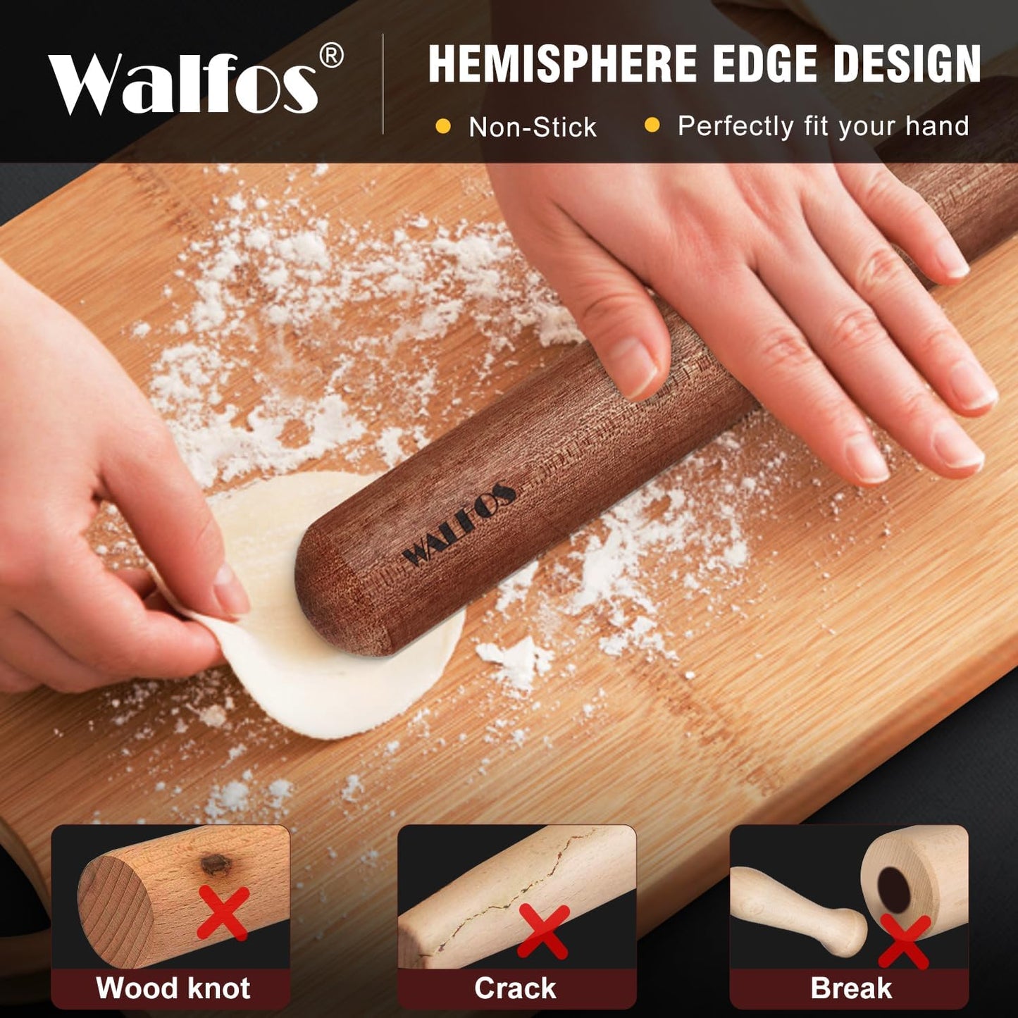 Walfos French Rolling Pin Set - Natural Wooden Rolling Pins (8inch, 15.7inch) With Non-stick Silicone Fiber Pastry Mat, Baking Dough Roller for Pizza, Pie, Pasta, Bread, Pastry
