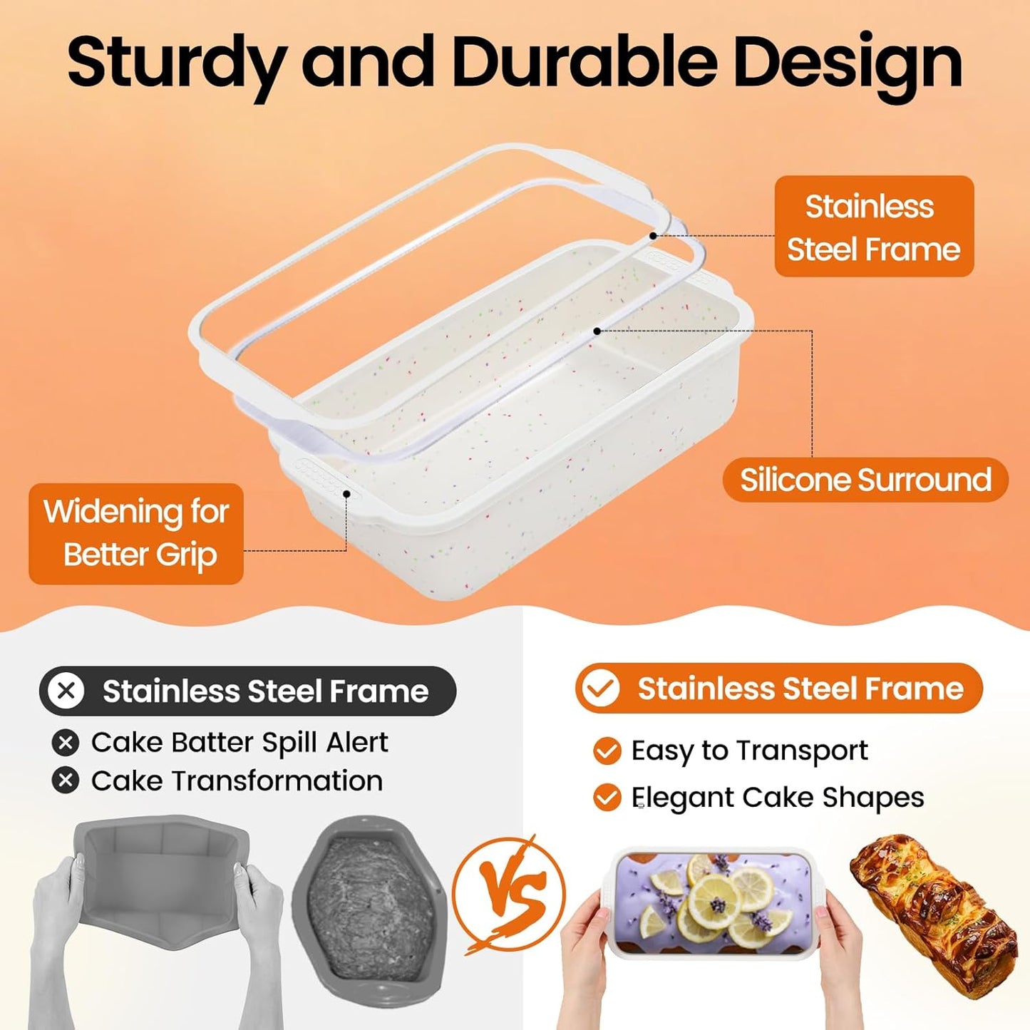 SJ Silicone Bread Loaf Pan with Metal Reinforced Frame, 9.5 x 5 in Non-stick Silicone 1 lb Loaf Pan for Baking, 2 Pack Durable Bread Pan for Oven Dishwasher Safe - Cream