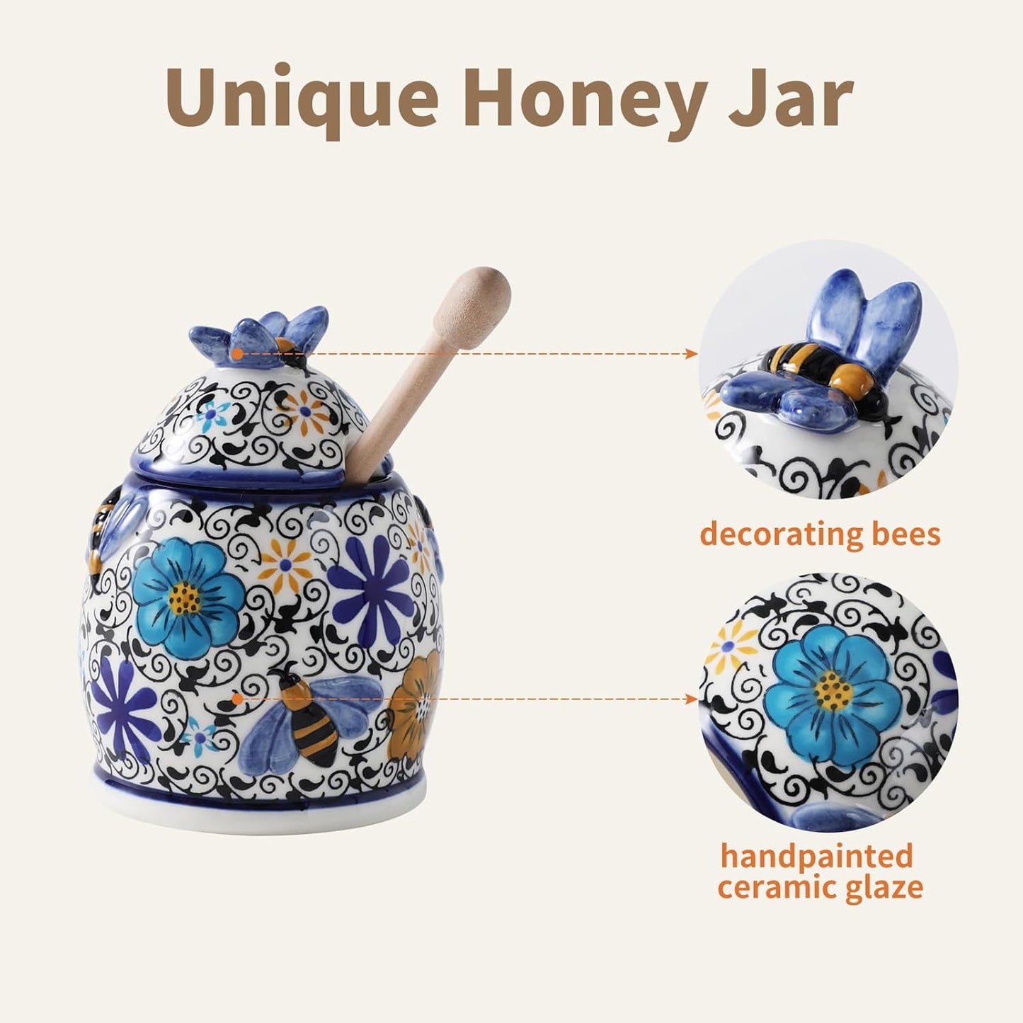 ZOOBEE 10oz Ceramic Honey Jar with Dipper Stick,Handpainted Honey Container for Storing Syrup,Small Mini Honey Pot with Bees,Disherwash Safe-Hidden Nook