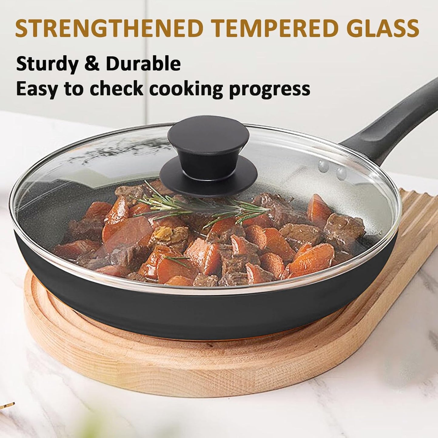 Glass Lid for 12 Inch Cast Iron Skillets Frying Pans, 30cm Tempered Lids for Dutch Ovens, 12In Pan Cover with Stainless Steel Rim for Stock Pots, Heat Resistant Handle, Dishwasher Safe