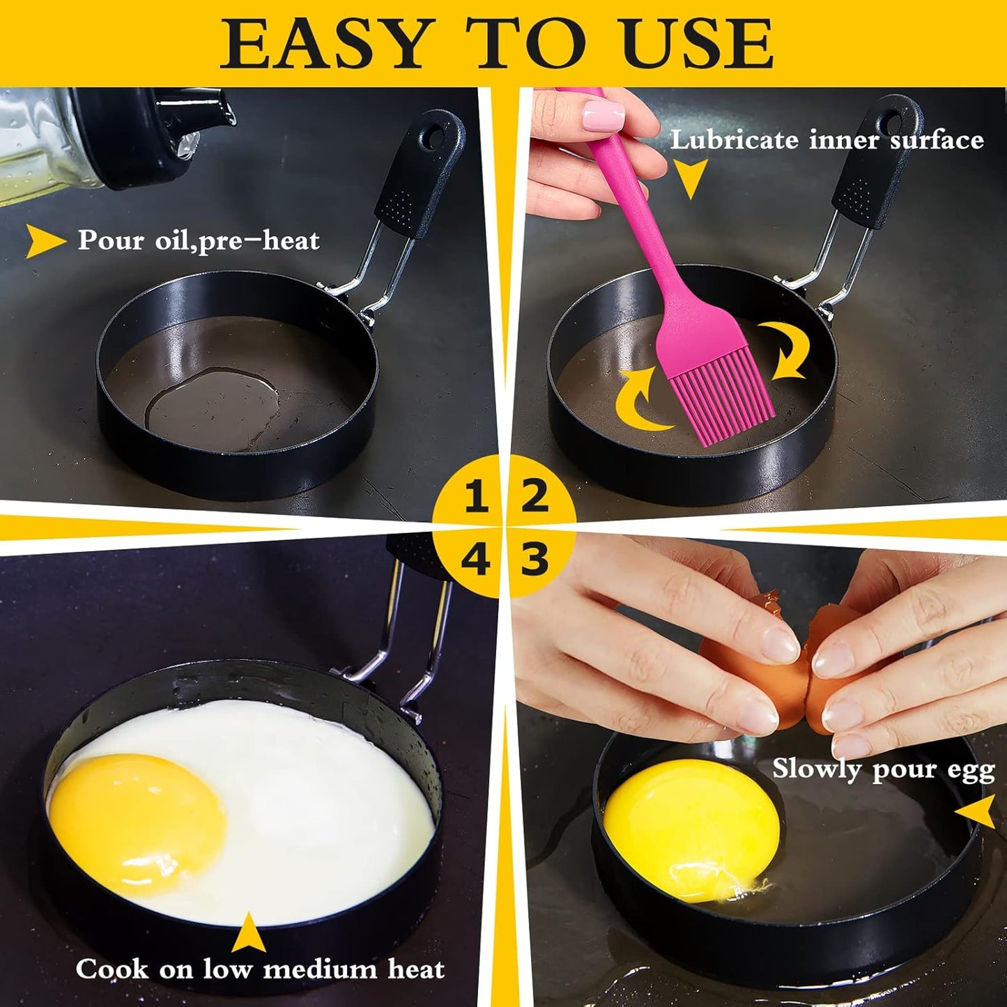 3.5'' Egg Rings with Silicone Handle, Stainless Steel Egg Cooking Rings，Nonstick，For Frying Eggs and Egg Mcmuffins, Egg Mold For Breakfast