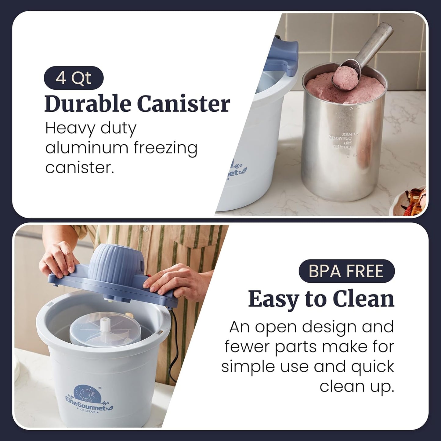 Elite Gourmet 4Qt Electric Ice Cream Maker EIM350X Delicious Homemade Ice Cream, Gelato, Sorbet, Frozen Yogurt, 4Qt Aluminum Freezing Cannister, Durable Plastic Ice Bucket, Powerful 50W, Periwinkle