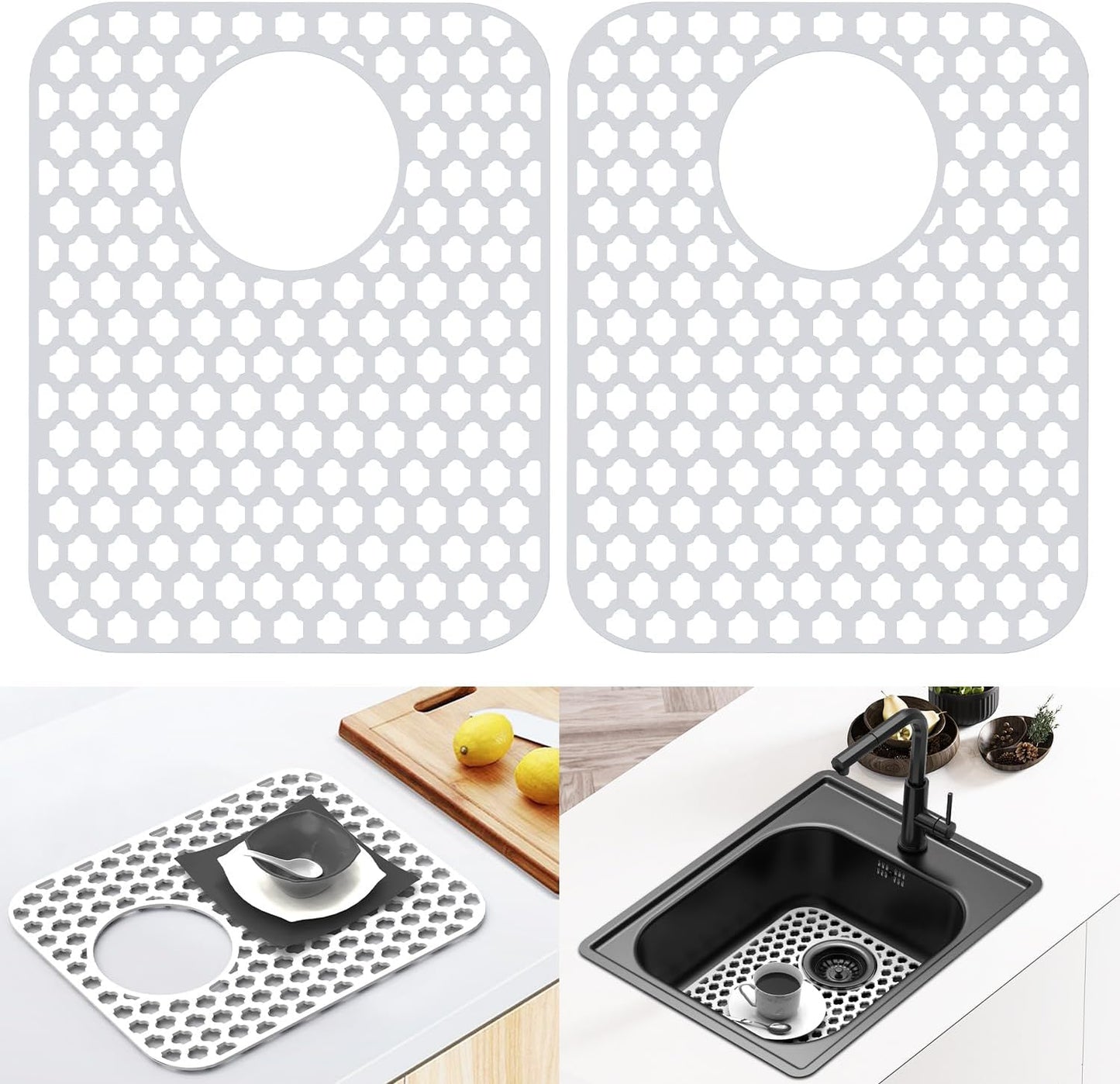 2 Pack Silicone Sink Protector for Kitchen Sink Bathroom, 13.58" x 11.6" Heat-resistant Sink Mat Non-Slip and Durable Silicone Protectors, Rear Drain, White