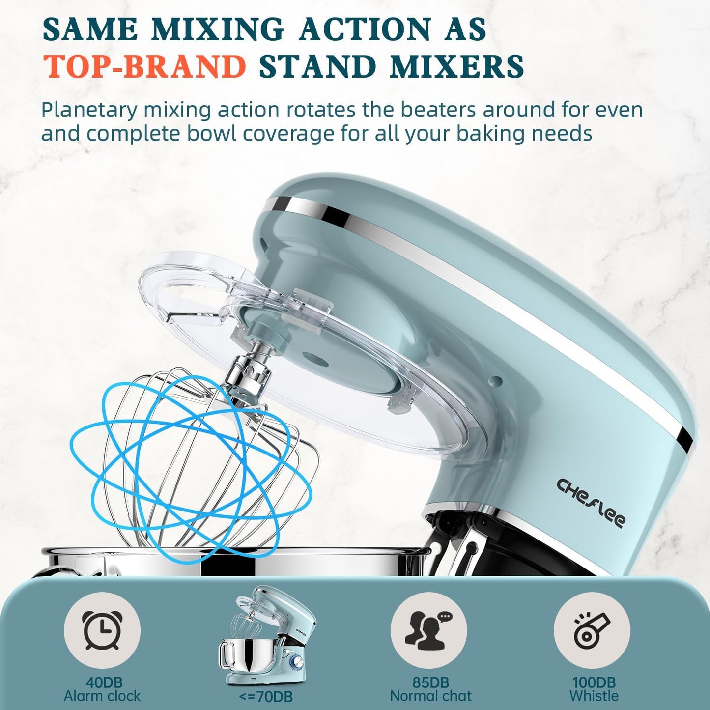 CHeflee Stand Mixer,660W 6+P With 6.5QT Stainless Steel Bowl,Dough Hook, Wire Whip & Beater,for Most Home Cooks,Blue