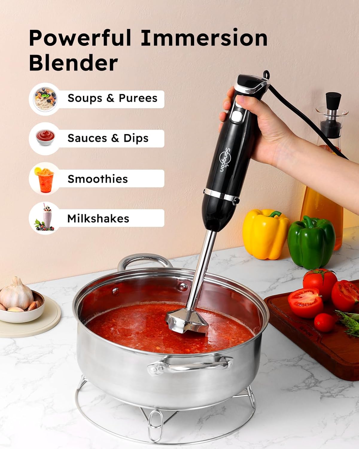 Sangcon 6-in-1 Immersion Blender Handheld, Hand Blender with Chopper & 34oz Blending Cup Storage Base, 2-Speed Adjustable Stick Blender,Stainless Steel Blades, Detachable Blender, Whisk, Milk Frother