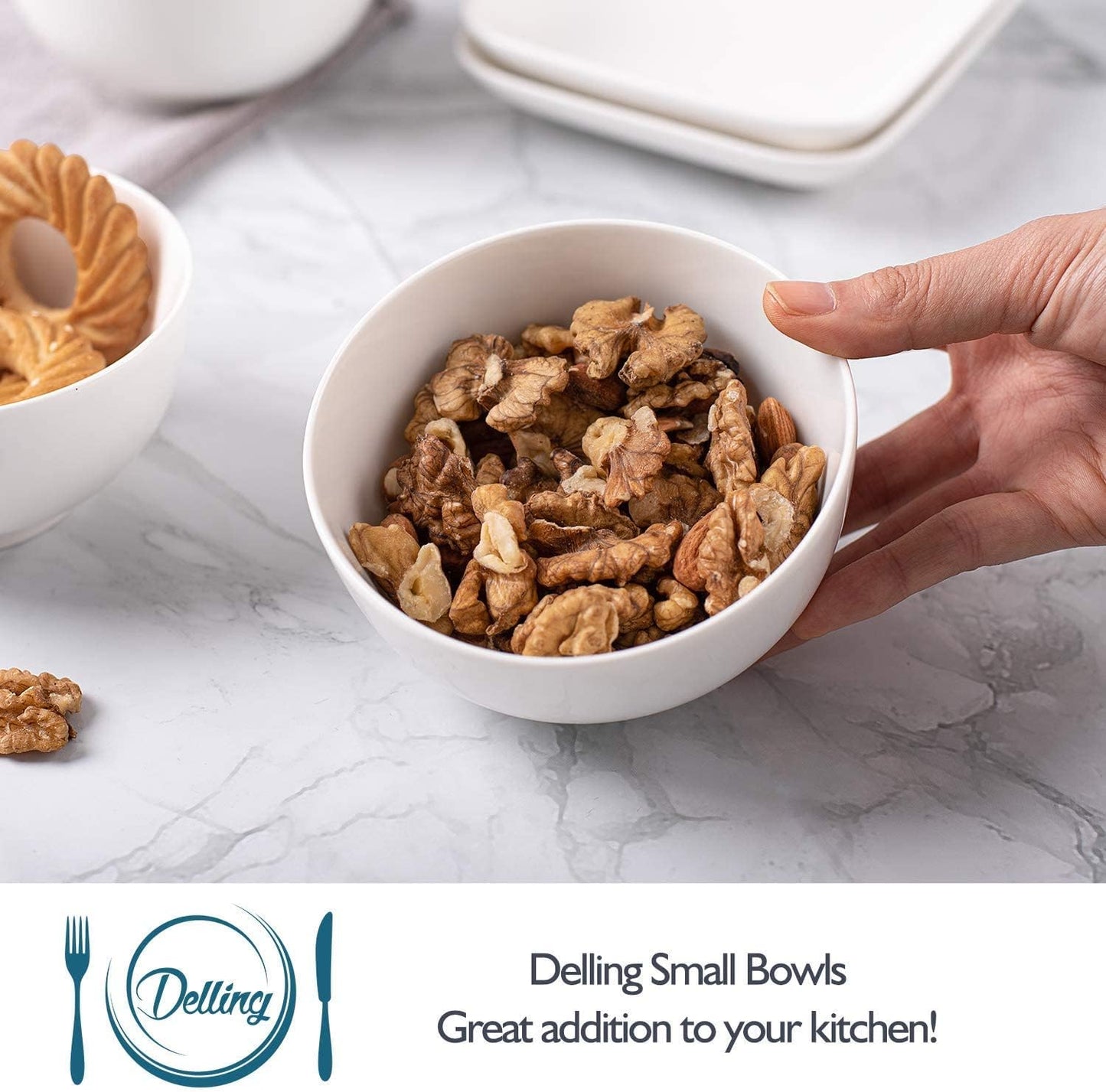 DELLING Porcelain Bowls - Set of 6 White Ceramic Small Bowls for Dessert, Snacks, Condiments & Side Dishes