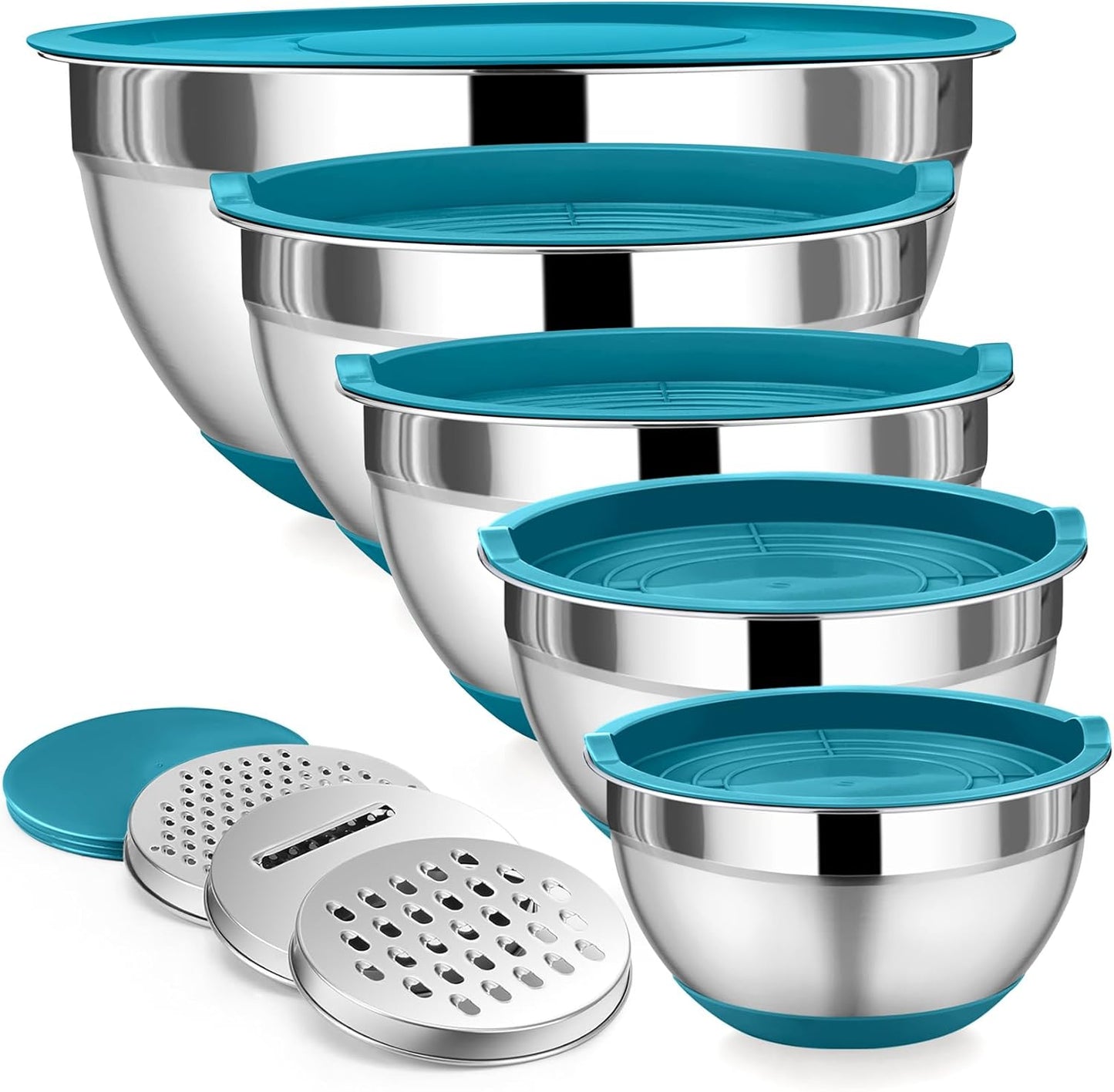 P&P CHEF Mixing Bowl with Lid Set, 5 Piece Stainless Steel Mixing Nesting Bowls for Salad Storage, 3 Grater Attachments & Non-Slip Bottoms, Size 1/1.5/2 / 2.6/4.6 QT, Blue