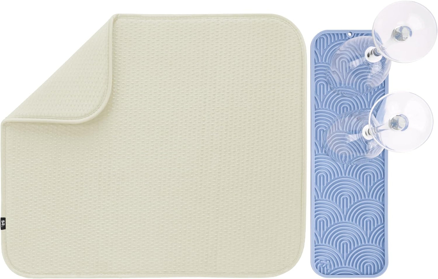 S&T INC. Dish Drying Mat 16" x 18" and Food-Safe Silicone Bar Mat 15" x 4.5", Absorbent Microfiber Kitchen Counter Mat, Dish Drying Pad for Dishes, Utensils, Pots, Pans, Diamond Texture, Cream + Blue