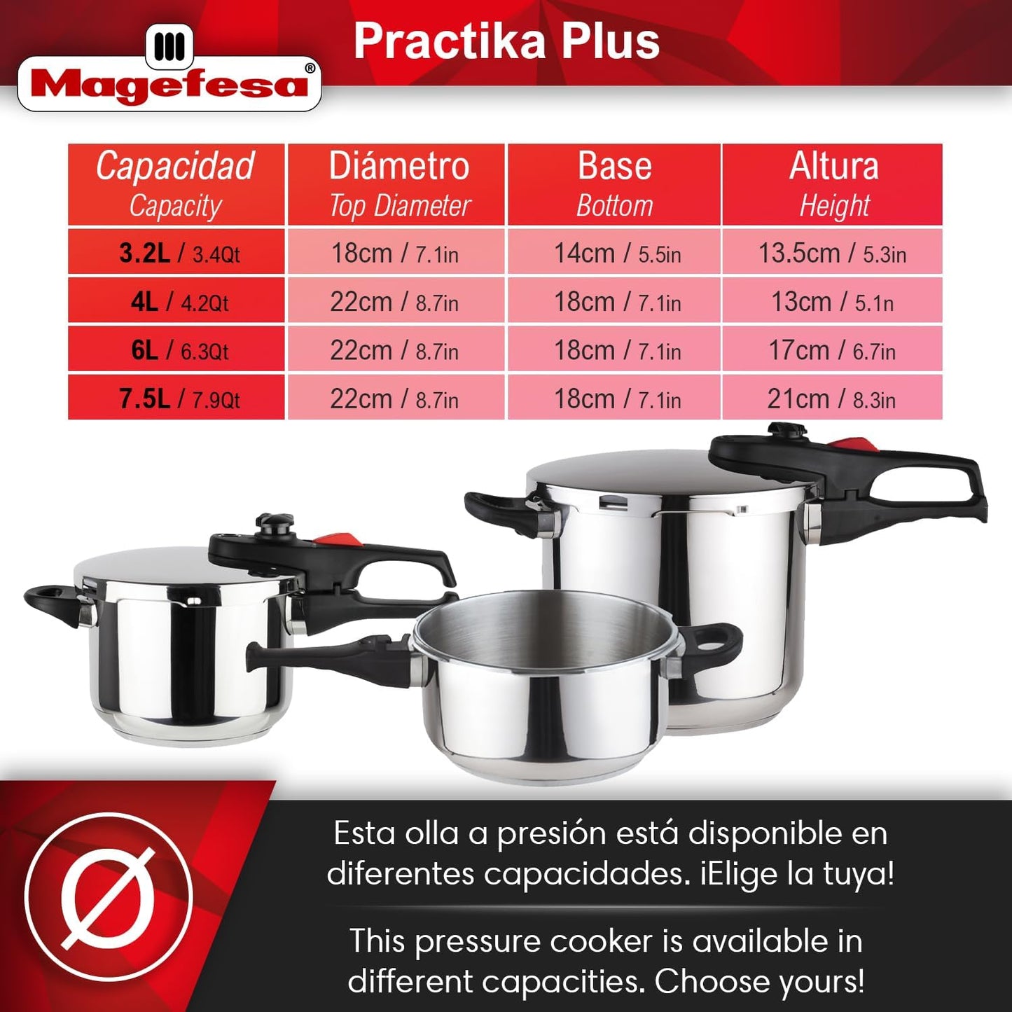 Magefesa Practika Plus, 8-Quart Pressure Cooker, 18/10 stainless steel, Induction Compatible, 5-Layer Heat Diffuser Bottom, 5 Safety Systems, Even Heat Distribution