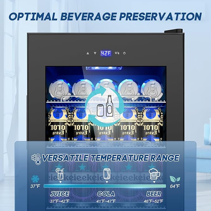 17Inch Beverage Refrigerator and Cooler Freestanding, 96 Cans Mini Fridge with glass door and Lock, Small Drink Fridge for Soda, Beer, Wine, For Home Bar Office with LED Light