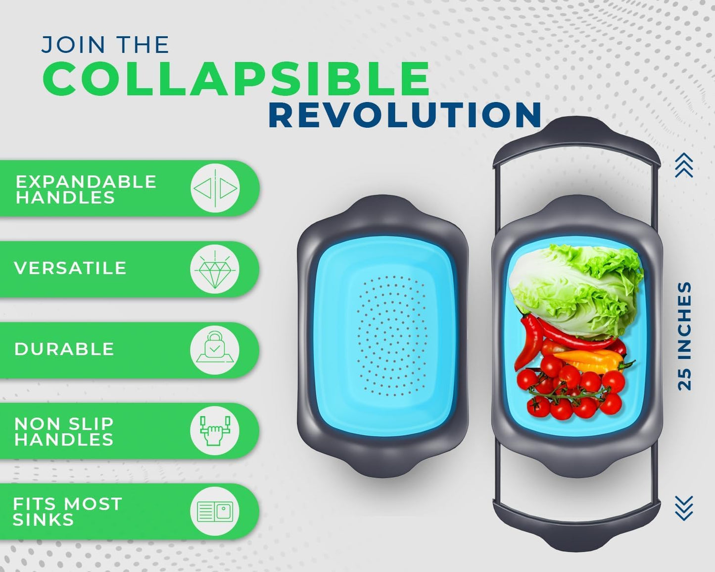 XL Large Kitchen Strainer by Comfify - Collapsible Silicone Over - The-Sink Colander with Extendable Handles - Use with Pasta, Fruit, Berries & Veggie - 6 Quart - Blue