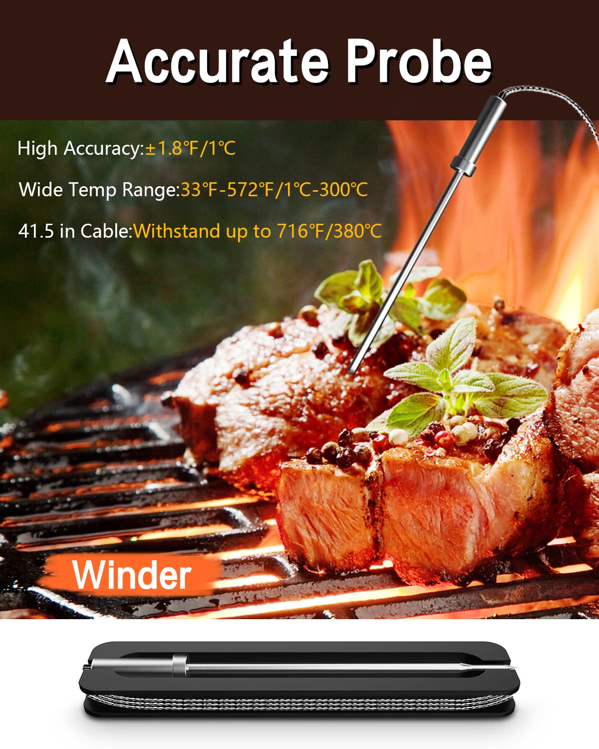 BFOUR Meat Thermometer Wireless Bluetooth, LCD Digital Meat Thermometer with Dual Probe, Wireless Remote BBQ Thermometer for Smoker Kitchen Cooking Grill Thermometer for Grilling BBQ Oven