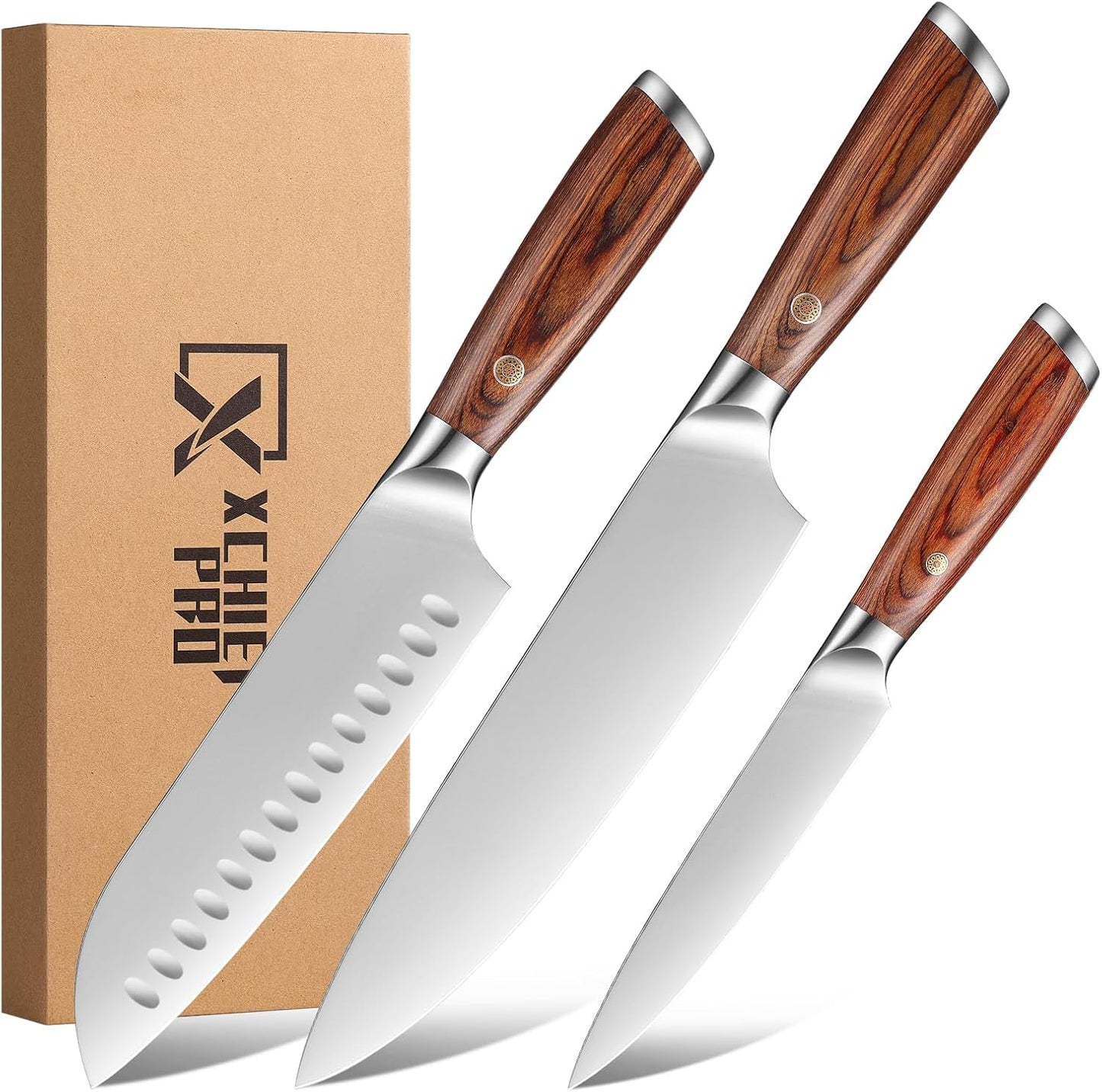 Kitchen Knife Set, 3 Pieces Japanese High Carbon Stainless Steel Chef Cooking Knife Set, Ultra Sharp Professional Chef Santoku Utility Knives (Silver)